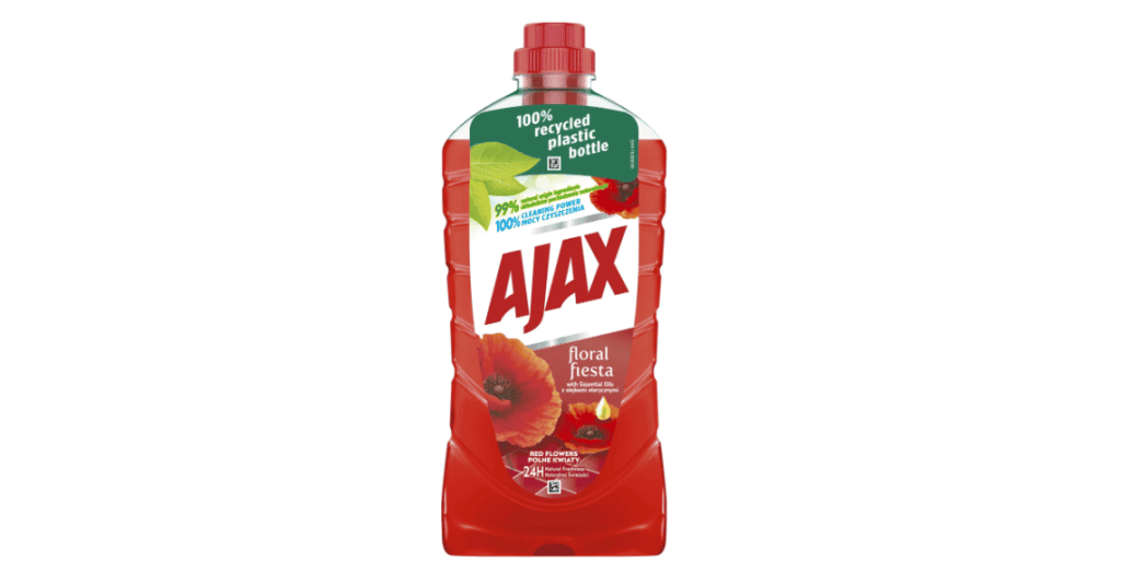 Ajax płyn do mycia, floral fiesta, ekologiczna butelka z recyklowanego plastiku, skuteczne czyszczenie domu i ogrodu, aromatyczny zapach kwiatów i ziół, idealny do utrzymania czystości i świeżości.