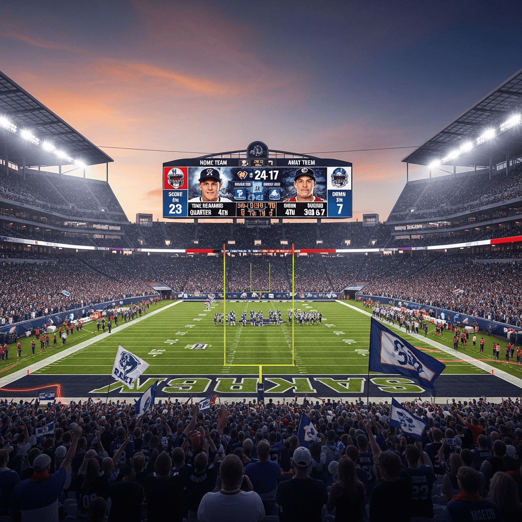 Nowy stadion futbolowy podczas meczu NFL, z tłumem kibiców, dużym ekranem i widokiem na wieczorne niebo, idealny dla fanów sportu i wydarzeń na świeżym powietrzu.