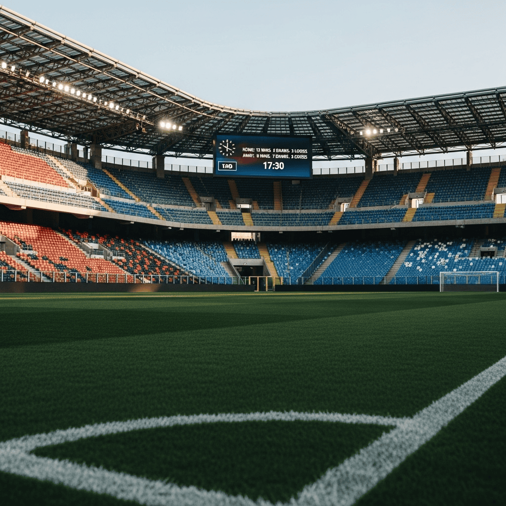 Stadion piłkarski z trawiastym boiskiem i nowoczesną trybuną, sport, mecze, rozgrywki sportowe, stadium, wydarzenia sportowe, infrastruktura sportowa, Polska relevance: tak.