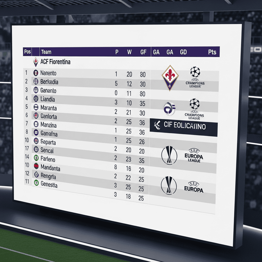 ACF Fiorentina na tle tabeli wyników piłkarskich, związki z piłką nożną i ligami europejskimi.