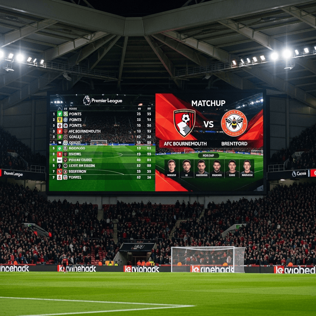 Nowe światło stadionowe na meczu Premier League, duży ekran z wynikami i składami drużyn AFC Bournemouth i Brentford, pełne trybuny kibiców, zielone boisko, idealne dla fanów piłki nożnej i sportu.