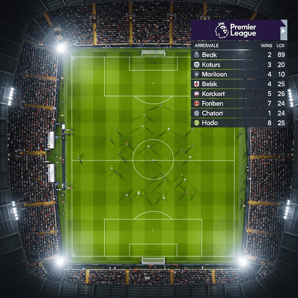 Widok z góry na stadion piłkarski podczas meczu Premier League, pełen emocji i energii z tłumem kibiców na trybunach, z tabelą wyników na ekranie, idealny do promowania wydarzeń sportowych i rekreacji.