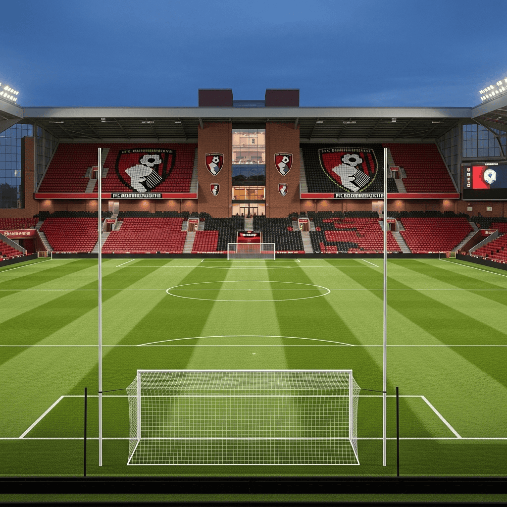 Zielony boisko piłkarskie na stadionie z trybunami i logami klubu, idealne do uprawiania i oglądania sportu, z elementami dla domu i ogrodu.