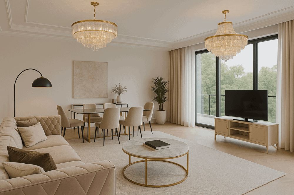 Nowoczesny salon z dużymi oknami i eleganckim wystrojem, idealny do relaksu i spotkań rodzinnych.